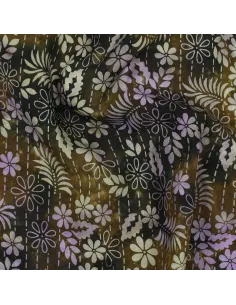Tissu, Viscose Imprimée Feuilles Esprit Batik, Vert Forêt, Laize 140 cm, 100% Viscose 110g/m²