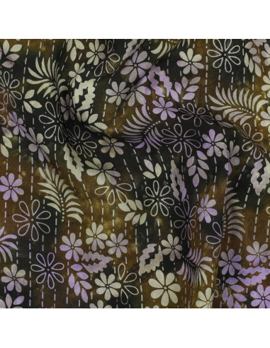 Tissu, Viscose Imprimée Feuilles Esprit Batik, Vert Forêt, Laize 140 cm, 100% Viscose 110g/m²