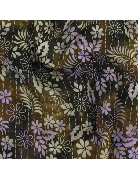 Tissu, Viscose Imprimée Feuilles Esprit Batik, Vert Forêt, Laize 140 cm, 100% Viscose 110g/m²