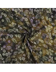 Tissu, Viscose Imprimée Feuilles Esprit Batik, Vert Forêt, Laize 140 cm, 100% Viscose 110g/m² 2