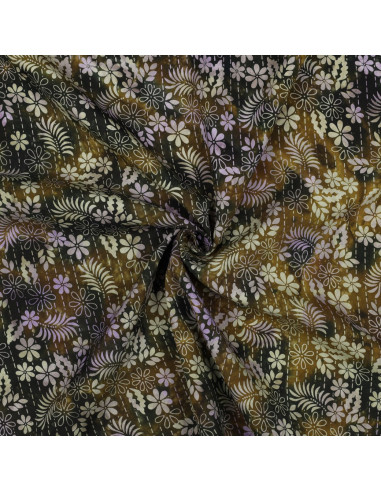 Tissu, Viscose Imprimée Feuilles Esprit Batik, Vert Forêt, Laize 140 cm, 100% Viscose 110g/m²