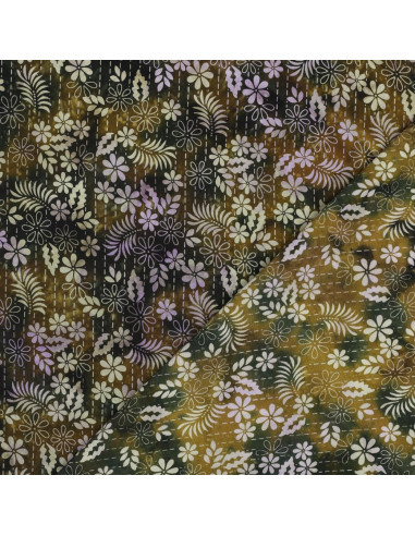 Tissu, Viscose Imprimée Feuilles Esprit Batik, Vert Forêt, Laize 140 cm, 100% Viscose 110g/m²