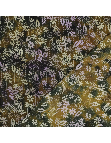 Tissu, Viscose Imprimée Feuilles Esprit Batik, Vert Forêt, Laize 140 cm, 100% Viscose 110g/m²