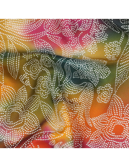 Tissu, Viscose Imprimée Batik Fleuri, Bleu Pétrole Ocre Terracotta, Laize 140 cm, 100% Viscose 110g/m²