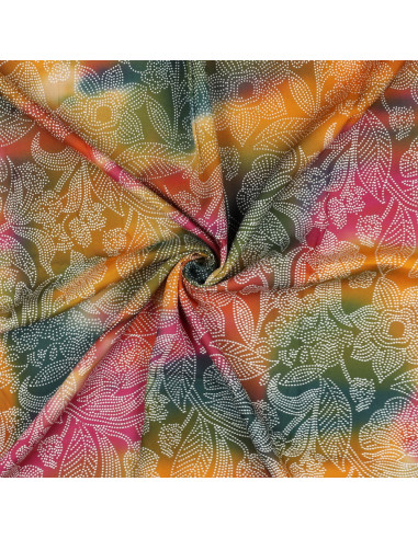 Tissu, Viscose Imprimée Batik Fleuri, Bleu Pétrole Ocre Terracotta, Laize 140 cm, 100% Viscose 110g/m²
