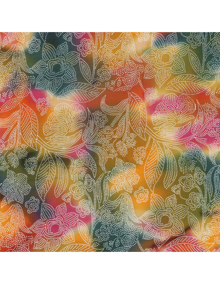 Tissu, Viscose Imprimée Batik Fleuri, Bleu Pétrole Ocre Terracotta, Laize 140 cm, 100% Viscose 110g/m²