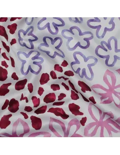 Tissu, Micro Satin Impression Digitale, Fleurs Blanc Rose Violet, Laize 150 cm, 100% Polyester 140g/m²