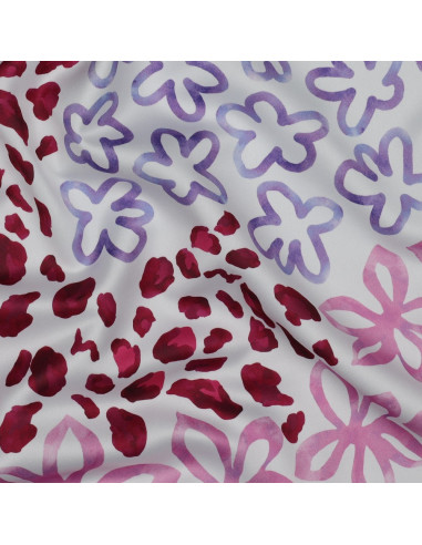 Tissu, Micro Satin Impression Digitale, Fleurs Blanc Rose Violet, Laize 150 cm, 100% Polyester 140g/m²