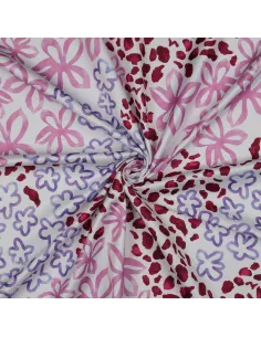 Tissu, Micro Satin Impression Digitale, Fleurs Blanc Rose Violet, Laize 150 cm, 100% Polyester 140g/m² 2