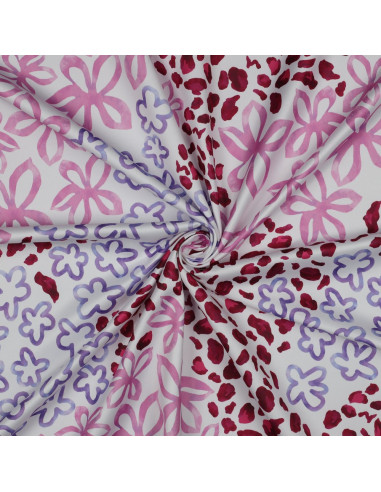 Tissu, Micro Satin Impression Digitale, Fleurs Blanc Rose Violet, Laize 150 cm, 100% Polyester 140g/m²