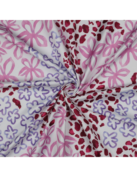 Tissu, Micro Satin Impression Digitale, Fleurs Blanc Rose Violet, Laize 150 cm, 100% Polyester 140g/m²