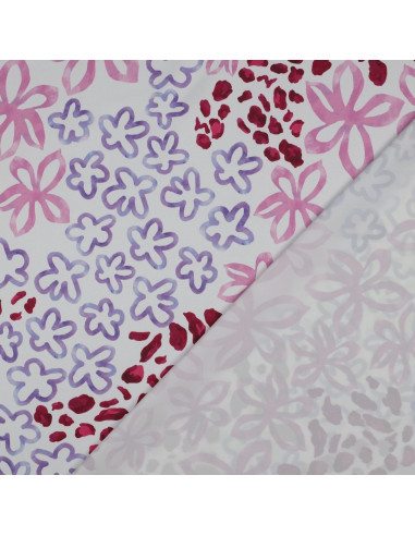Tissu, Micro Satin Impression Digitale, Fleurs Blanc Rose Violet, Laize 150 cm, 100% Polyester 140g/m²
