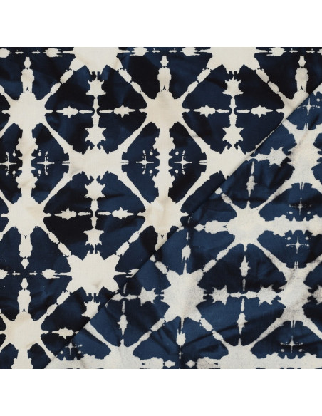Tissu, Coton Batik Géométrique, Bleu Marine & Blanc, Laize 140 cm, 100% Coton 119g/m²