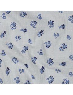 Tissu, Double Gaze Plumetis Petites Fleurs, Blanc Fleurs Bleues, Laize 135 cm, 100% Coton 125g/m²