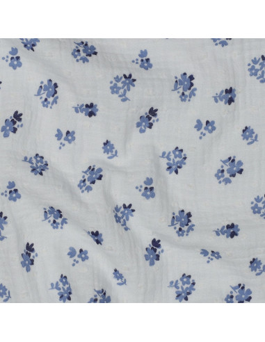 Tissu, Double Gaze Plumetis Petites Fleurs, Blanc Fleurs Bleues, Laize 135 cm, 100% Coton 125g/m²