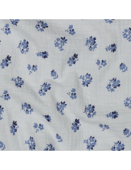 Tissu, Double Gaze Plumetis Petites Fleurs, Blanc Fleurs Bleues, Laize 135 cm, 100% Coton 125g/m²