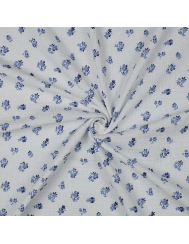 Tissu, Double Gaze Plumetis Petites Fleurs, Blanc Fleurs Bleues, Laize 135 cm, 100% Coton 125g/m²