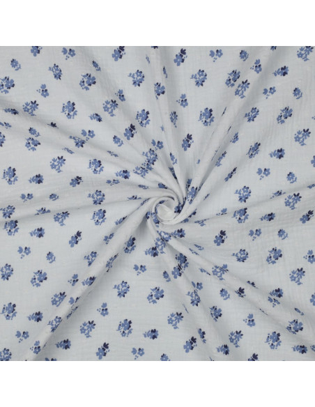 Tissu, Double Gaze Plumetis Petites Fleurs, Blanc Fleurs Bleues, Laize 135 cm, 100% Coton 125g/m²
