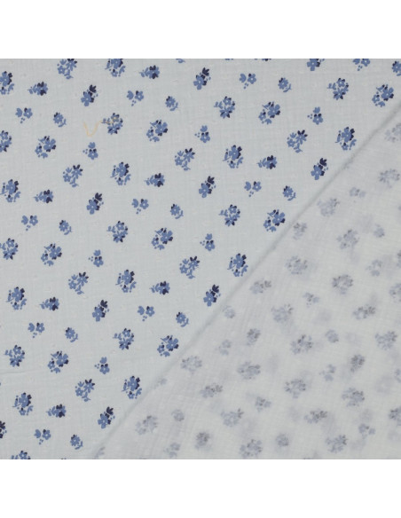 Tissu, Double Gaze Plumetis Petites Fleurs, Blanc Fleurs Bleues, Laize 135 cm, 100% Coton 125g/m²