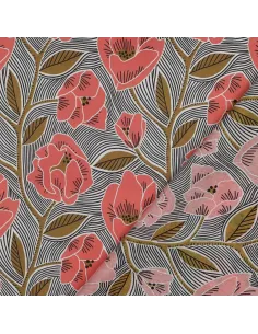 Tissu, Voile de Coton Fleuri, Fleurs Mandarine Ocre sur Blanc, Laize 138 cm, 100% Coton 70g/m² 2