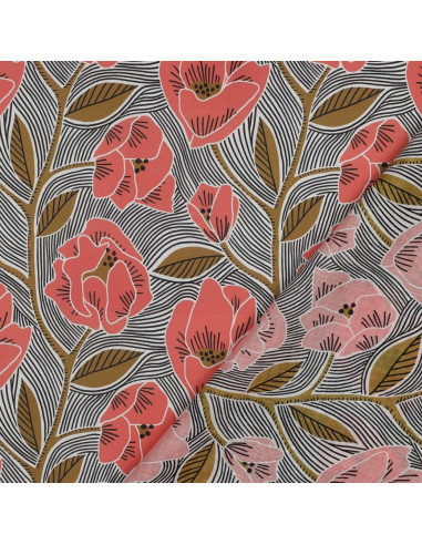 Tissu, Voile de Coton Fleuri, Fleurs Mandarine Ocre sur Blanc, Laize 138 cm, 100% Coton 70g/m²