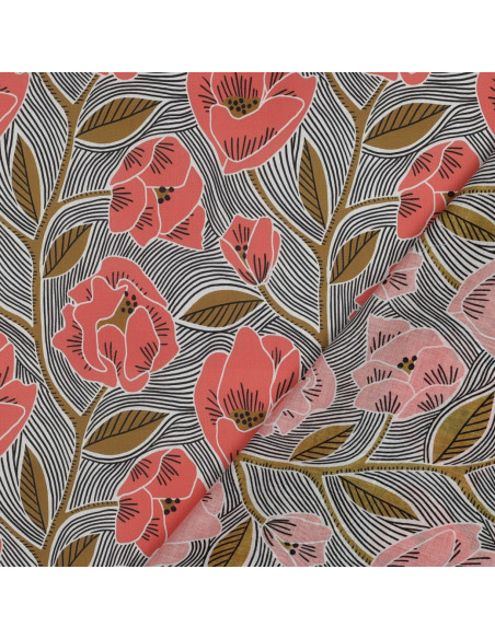 Tissu, Voile de Coton Fleuri, Fleurs Mandarine Ocre sur Blanc, Laize 138 cm, 100% Coton 70g/m²