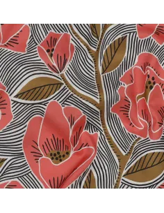 Tissu, Voile de Coton Fleuri, Fleurs Mandarine Ocre sur Blanc, Laize 138 cm, 100% Coton 70g/m²