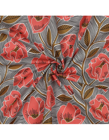 Tissu, Voile de Coton Fleuri, Fleurs Mandarine Ocre sur Blanc, Laize 138 cm, 100% Coton 70g/m²