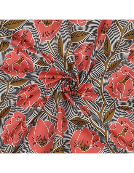 Tissu, Voile de Coton Fleuri, Fleurs Mandarine Ocre sur Blanc, Laize 138 cm, 100% Coton 70g/m²