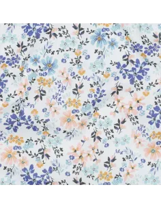 Tissu, Voile de Coton Fleuri, Blanc Jaune Bleu, Laize 140 cm, 100% Coton 75g/m²