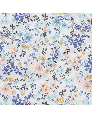 Tissu, Voile de Coton Fleuri, Blanc Jaune Bleu, Laize 140 cm, 100% Coton 75g/m²