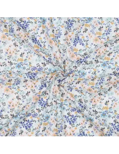Tissu, Voile de Coton Fleuri, Blanc Jaune Bleu, Laize 140 cm, 100% Coton 75g/m² 2