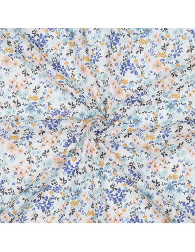 Tissu, Voile de Coton Fleuri, Blanc Jaune Bleu, Laize 140 cm, 100% Coton 75g/m²