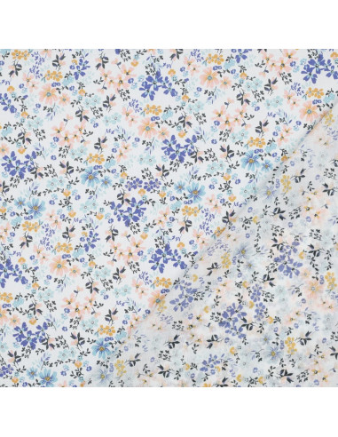 Tissu, Voile de Coton Fleuri, Blanc Jaune Bleu, Laize 140 cm, 100% Coton 75g/m²