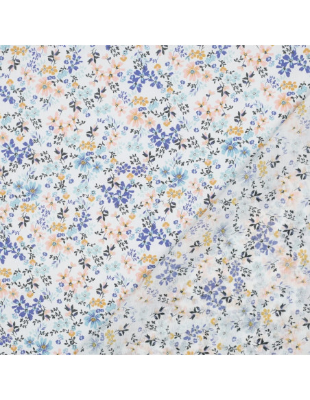 Tissu, Voile de Coton Fleuri, Blanc Jaune Bleu, Laize 140 cm, 100% Coton 75g/m²