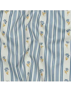 Tissu, Popeline de Coton, Fleurs et Rayures Bleu Ciel, Laize 148 cm, 100% Coton 110g/m² 2
