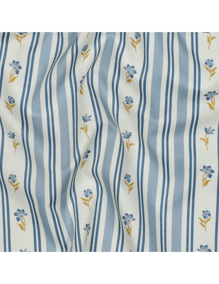 Tissu, Popeline de Coton, Fleurs et Rayures Bleu Ciel, Laize 148 cm, 100% Coton 110g/m²