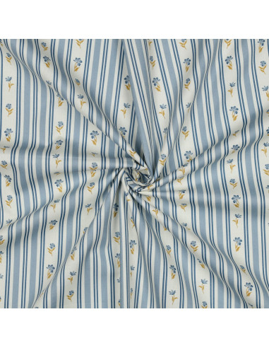 Tissu, Popeline de Coton, Fleurs et Rayures Bleu Ciel, Laize 148 cm, 100% Coton 110g/m²