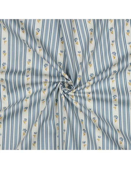 Tissu, Popeline de Coton, Fleurs et Rayures Bleu Ciel, Laize 148 cm, 100% Coton 110g/m²