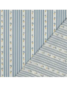 Tissu, Popeline de Coton, Fleurs et Rayures Bleu Ciel, Laize 148 cm, 100% Coton 110g/m²