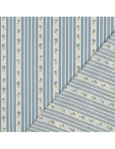 Tissu, Popeline de Coton, Fleurs et Rayures Bleu Ciel, Laize 148 cm, 100% Coton 110g/m²