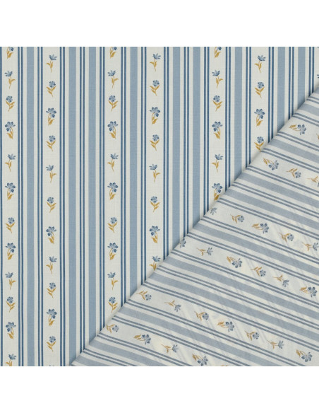 Tissu, Popeline de Coton, Fleurs et Rayures Bleu Ciel, Laize 148 cm, 100% Coton 110g/m²