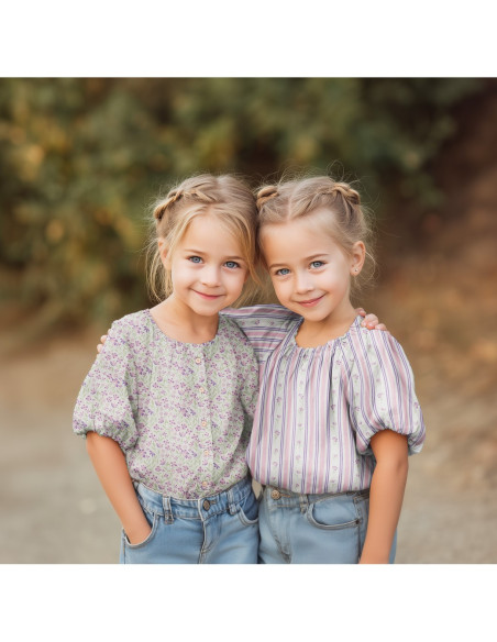 Popeline de coton, fleurs et rayures