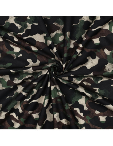 Tissu, Popeline de Coton Camouflage, Vert Kaki Multicolore, Laize 148 cm, 100% Coton 110g/m²