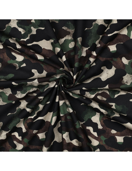 Tissu, Popeline de Coton Camouflage, Vert Kaki Multicolore, Laize 148 cm, 100% Coton 110g/m²