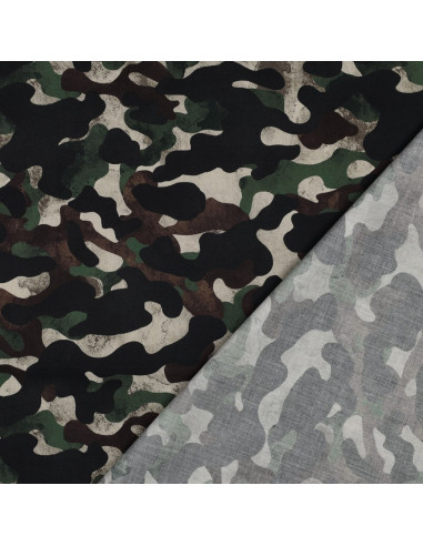 Tissu, Popeline de Coton Camouflage, Vert Kaki Multicolore, Laize 148 cm, 100% Coton 110g/m²