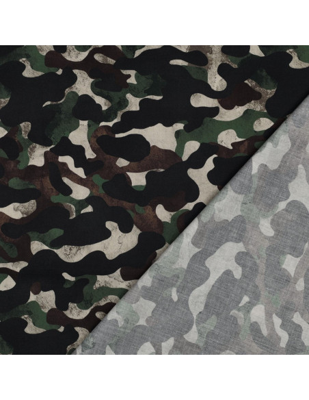 Tissu, Popeline de Coton Camouflage, Vert Kaki Multicolore, Laize 148 cm, 100% Coton 110g/m²