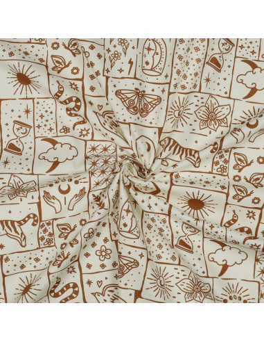 Tissu, Popeline de Coton Floral Boho, Écru, Laize 148 cm, 100% Coton 110g/m²