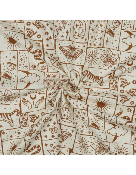 Tissu, Popeline de Coton Floral Boho, Écru, Laize 148 cm, 100% Coton 110g/m²