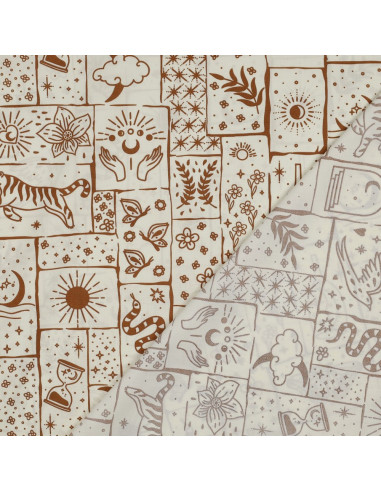 Tissu, Popeline de Coton Floral Boho, Écru, Laize 148 cm, 100% Coton 110g/m²